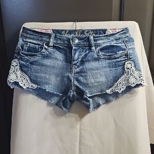Vanilla Star Blue and White Jean Shorts with Distressed Lace